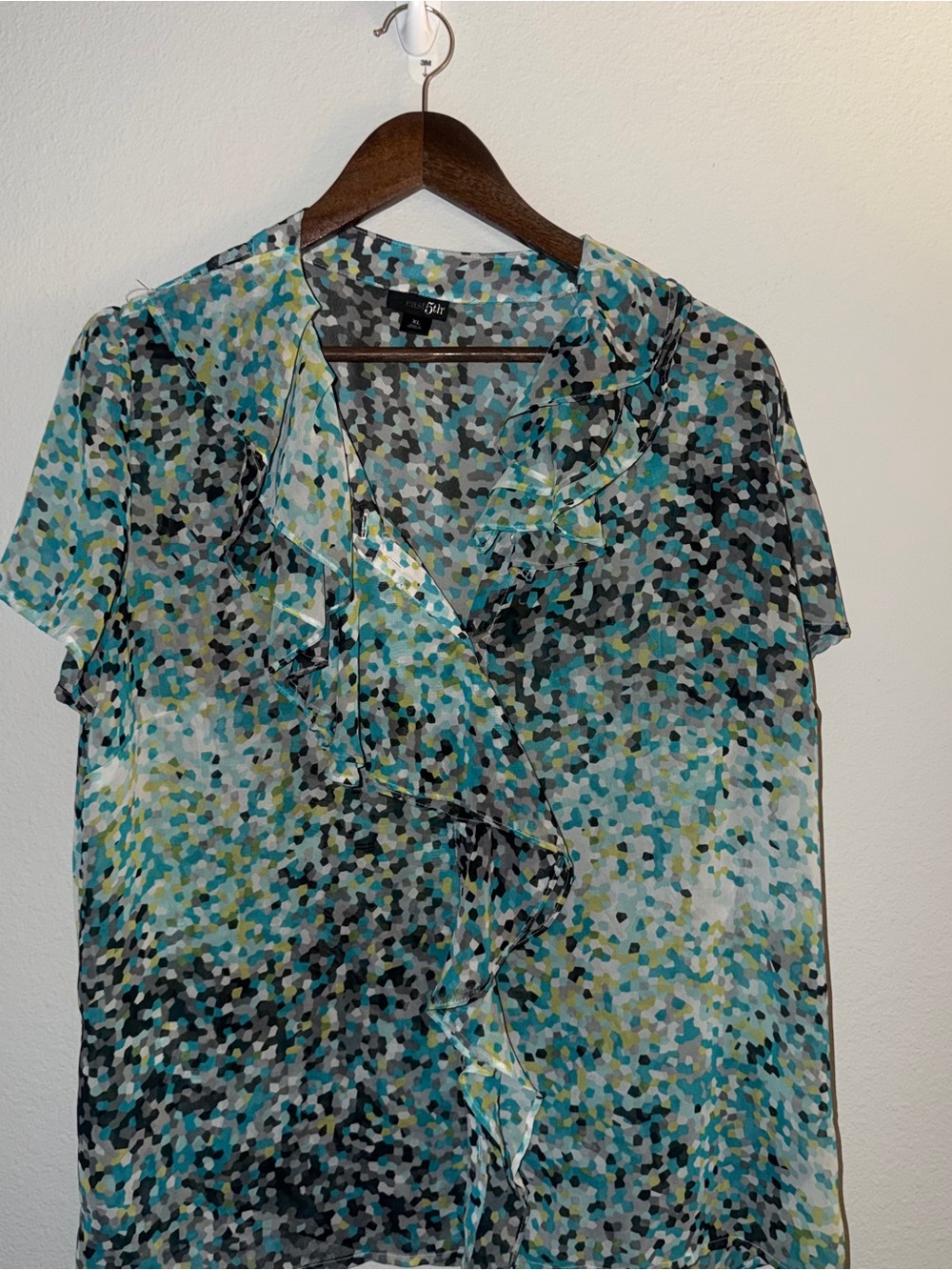 East 5th Teal Black Cream Short-Sleeve Ruffle Blouse